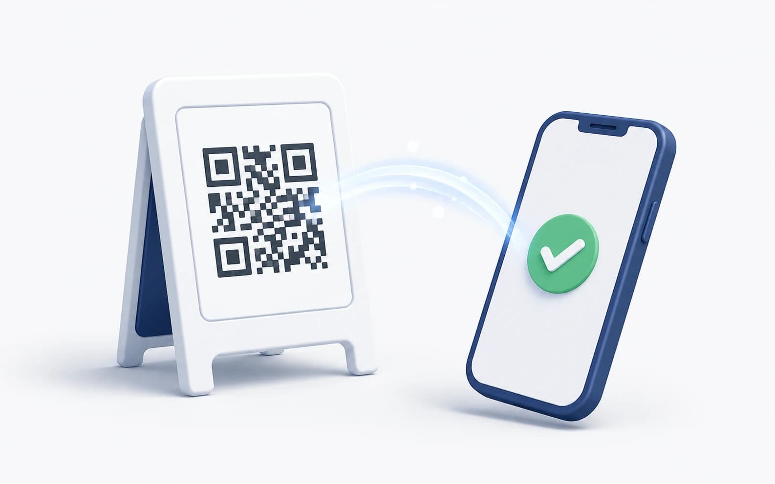 현장에 세워둔 QR 안내판과, 그것을 비추자 초록 체크가 뜬 휴대폰 — 출근이 기록되는 순간